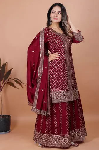 Maroon sequins embroidered chinon stitched salwar kameez