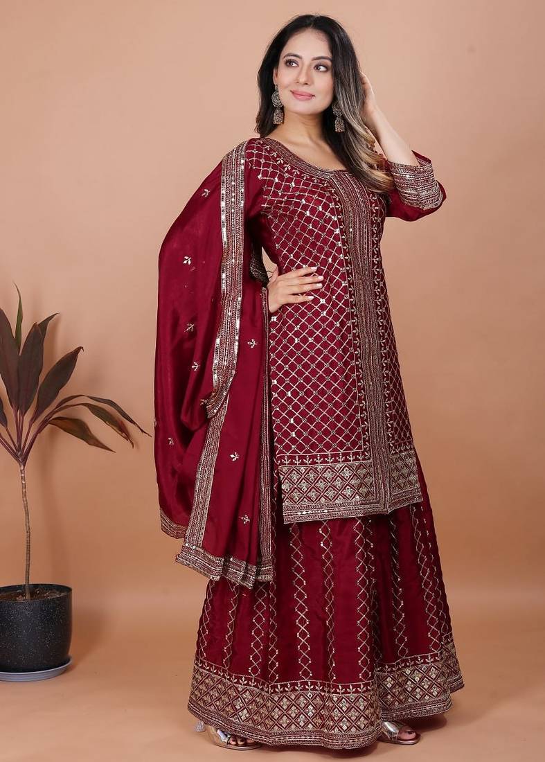 Maroon sequins embroidered chinon stitched salwar kameez