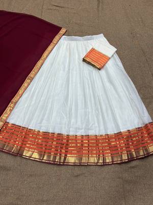 Traditional South Indian Off-White Pleated Lehenga Choli Set with Maroon Dupatta and Zari Border 2