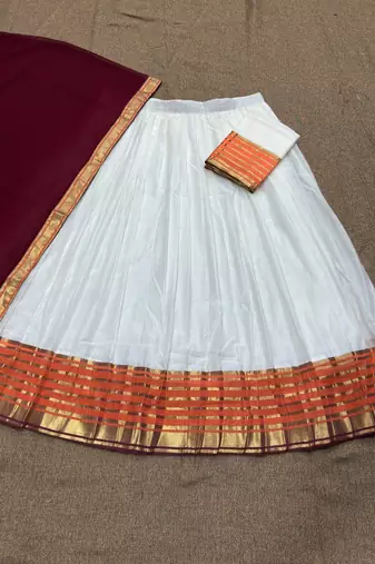 Traditional South Indian Off-White Pleated Lehenga Choli Set with Maroon Dupatta and Zari Border