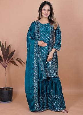 Teal sequins embroidered natural crepe stitched salwar kameez 1