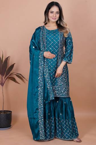 Teal sequins embroidered natural crepe stitched salwar kameez