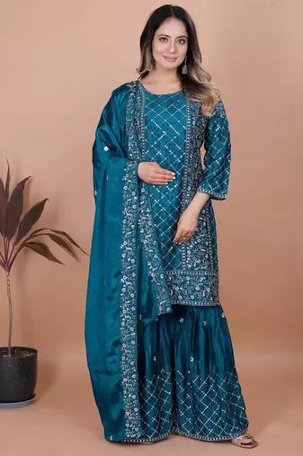 Teal sequins embroidered natural crepe stitched salwar kameez