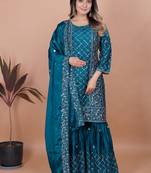 Teal sequins embroidered natural crepe stitched salwar kameez