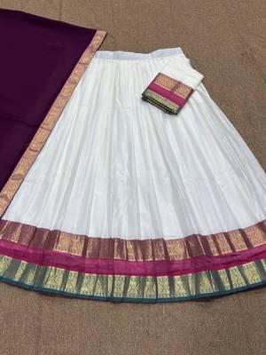 Off-White Silk Blend Pleated Lehenga Choli with Zari Border and Wine Contrast Dupatta 2