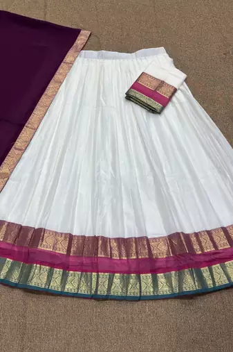 Off-White Silk Blend Pleated Lehenga Choli with Zari Border and Wine Contrast Dupatta
