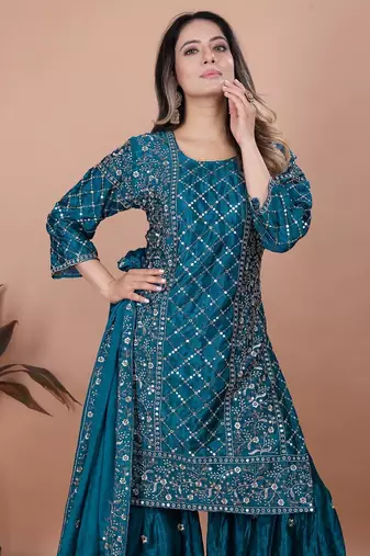 Teal sequins embroidered natural crepe stitched salwar kameez