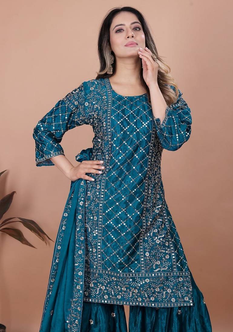 Teal sequins embroidered natural crepe stitched salwar kameez