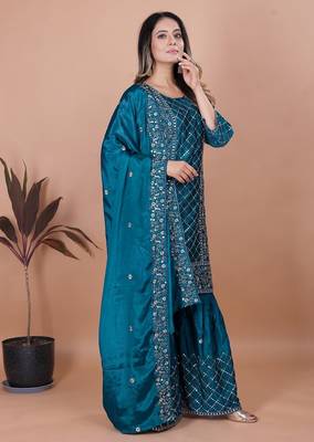 Teal sequins embroidered natural crepe stitched salwar kameez 3