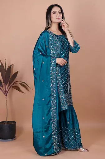 Teal sequins embroidered natural crepe stitched salwar kameez