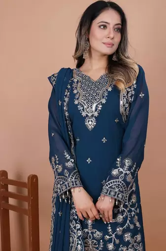 Navy-blue coding sequence embroidered faux georgette stitched salwar kameez