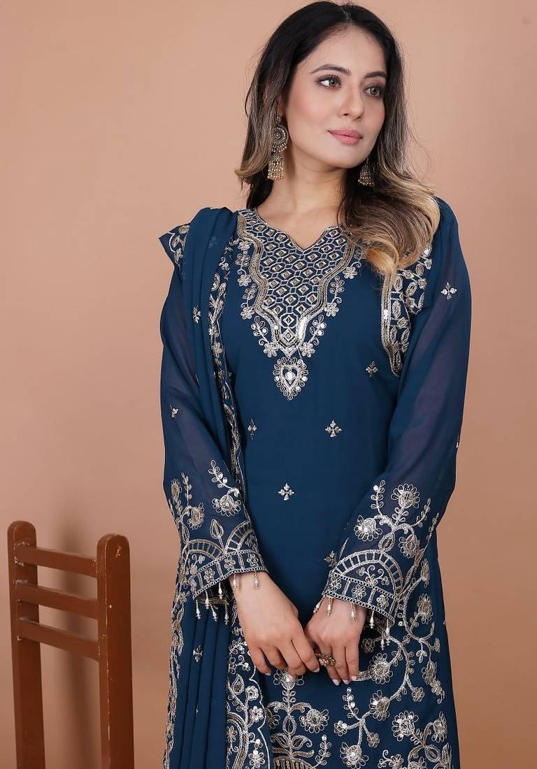 Navy-blue coding sequence embroidered faux georgette stitched salwar kameez