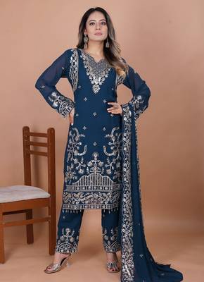 Navy-blue coding sequence embroidered faux georgette stitched salwar kameez 3