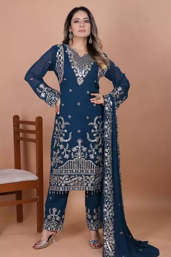 Navy-blue coding sequence embroidered faux georgette stitched salwar kameez