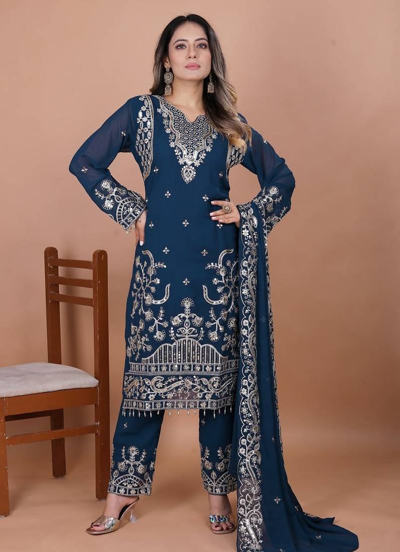 Navy-blue coding sequence embroidered faux georgette stitched salwar kameez