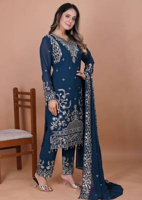 Navy-blue coding sequence embroidered faux georgette stitched salwar kameez 4
