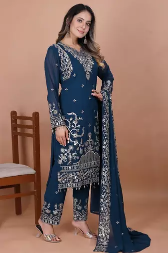 Navy-blue coding sequence embroidered faux georgette stitched salwar kameez