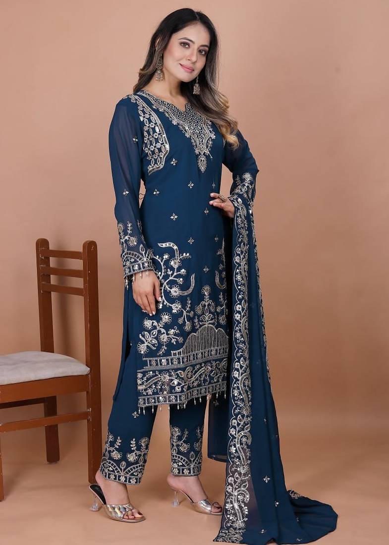 Navy-blue coding sequence embroidered faux georgette stitched salwar kameez