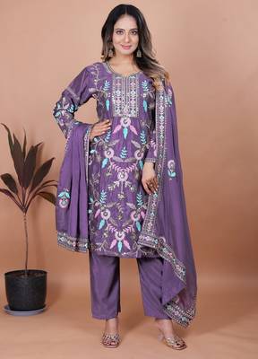 Lavender coding sequence embroidered chinon stitched salwar kameez 1