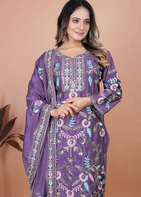 Lavender coding sequence embroidered chinon stitched salwar kameez 2