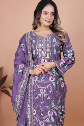 Lavender coding sequence embroidered chinon stitched salwar kameez
