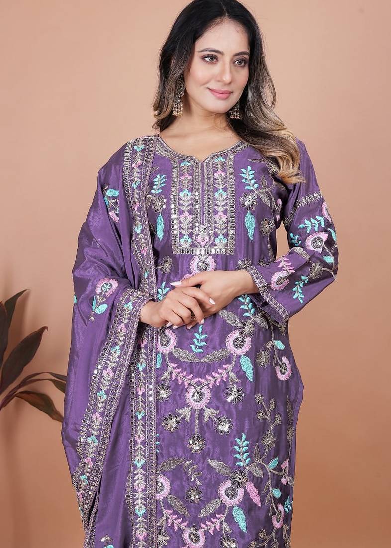 Lavender coding sequence embroidered chinon stitched salwar kameez