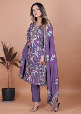 Lavender coding sequence embroidered chinon stitched salwar kameez 3