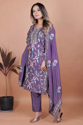 Lavender coding sequence embroidered chinon stitched salwar kameez