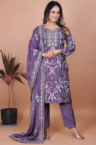 Lavender coding sequence embroidered chinon stitched salwar kameez