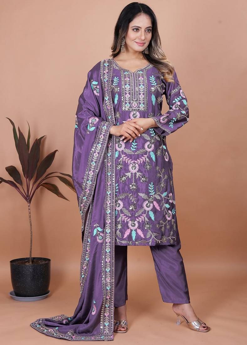 Lavender coding sequence embroidered chinon stitched salwar kameez