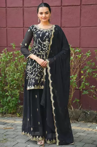 Black sequins embroidered faux georgette stitched salwar kameez