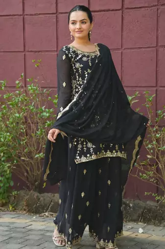 Black sequins embroidered faux georgette stitched salwar kameez