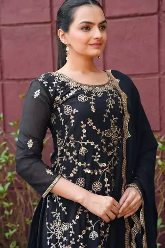 Black sequins embroidered faux georgette stitched salwar kameez