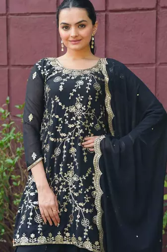 Black sequins embroidered faux georgette stitched salwar kameez