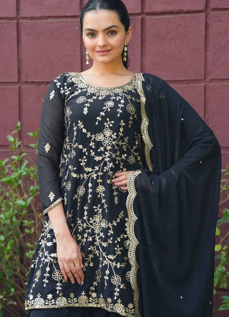 Black sequins embroidered faux georgette stitched salwar kameez