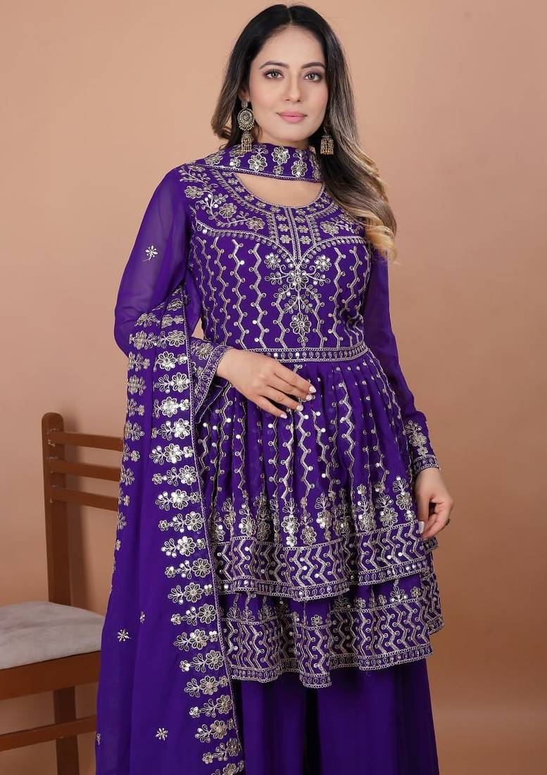 Purple sequins embroidered faux georgette stitched salwar kameez