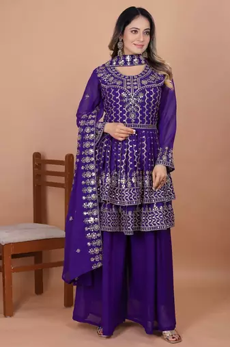 Purple sequins embroidered faux georgette stitched salwar kameez