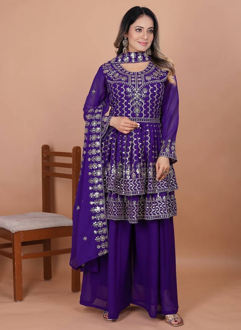 Purple sequins embroidered faux georgette stitched salwar kameez