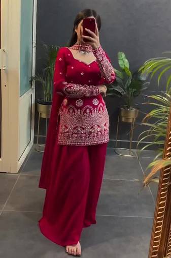 Pink sequins embroidered vichitra silk stitched salwar kameez