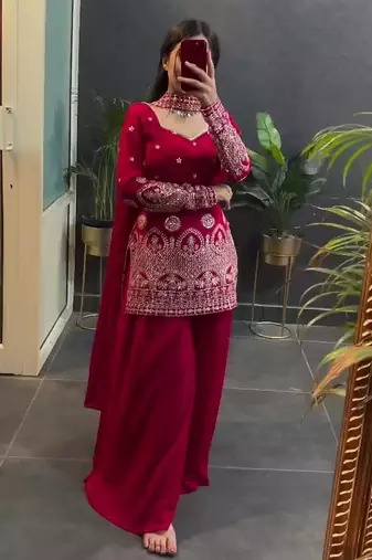Pink sequins embroidered vichitra silk stitched salwar kameez