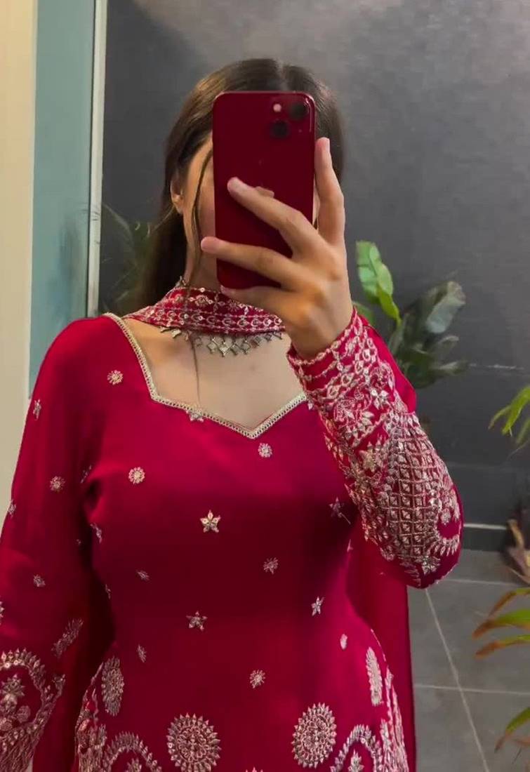 Pink sequins embroidered vichitra silk stitched salwar kameez