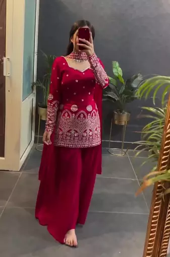 Pink sequins embroidered vichitra silk stitched salwar kameez