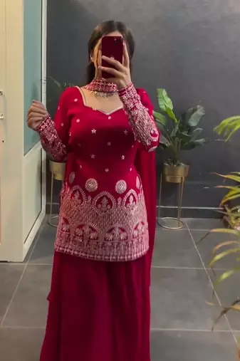 Pink sequins embroidered vichitra silk stitched salwar kameez