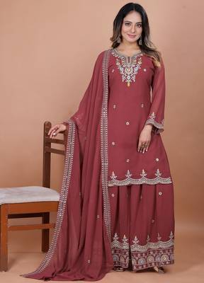 Mustard coding sequence embroidered faux georgette stitched salwar kameez 1