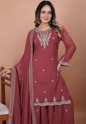 Mustard coding sequence embroidered faux georgette stitched salwar kameez 2