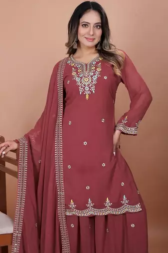 Mustard coding sequence embroidered faux georgette stitched salwar kameez