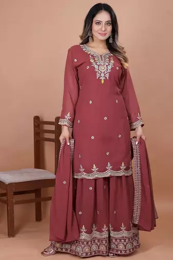 Mustard coding sequence embroidered faux georgette stitched salwar kameez