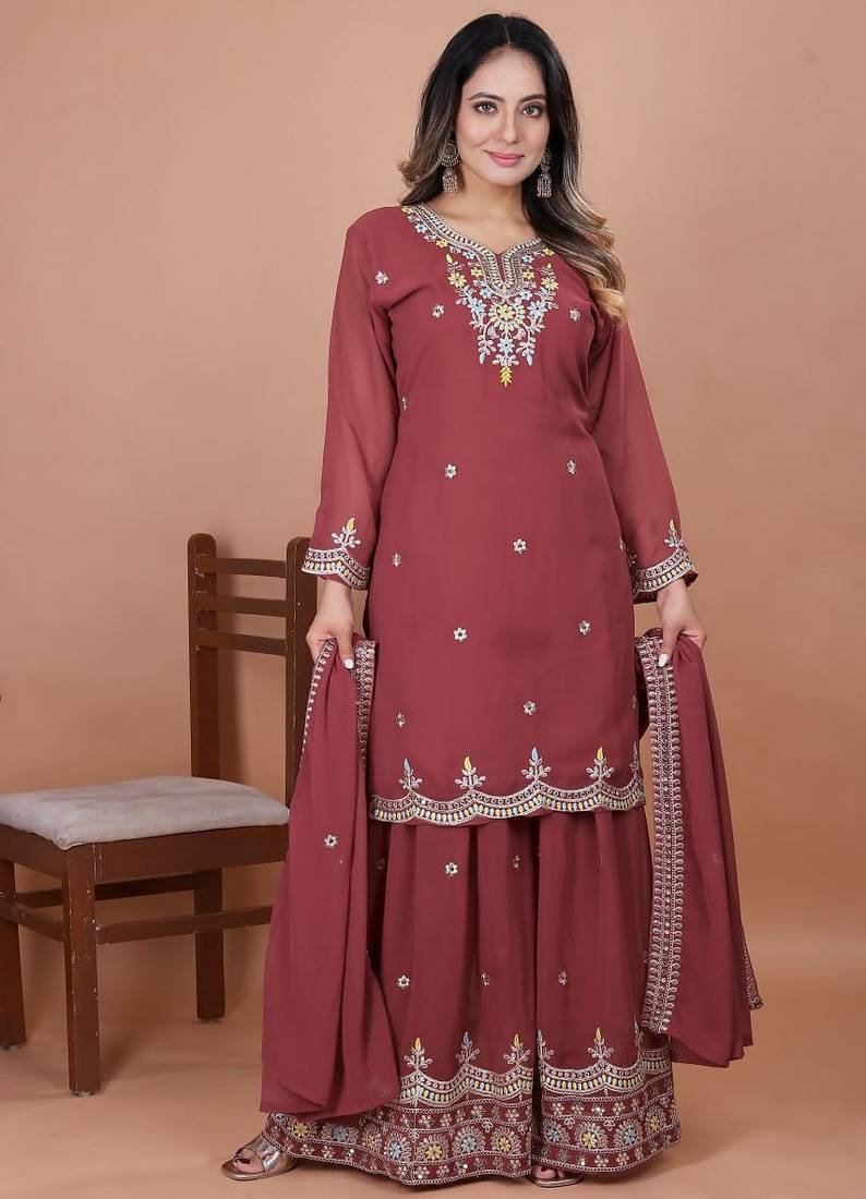 Mustard coding sequence embroidered faux georgette stitched salwar kameez