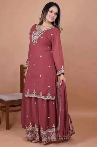 Mustard coding sequence embroidered faux georgette stitched salwar kameez