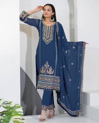 Navy-blue sequins embroidered faux georgette stitched salwar kameez 1